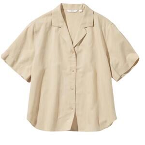Uniqlo Linen Blend Open Collar Short Sleeve Shirt, Beige, Unisex Medium